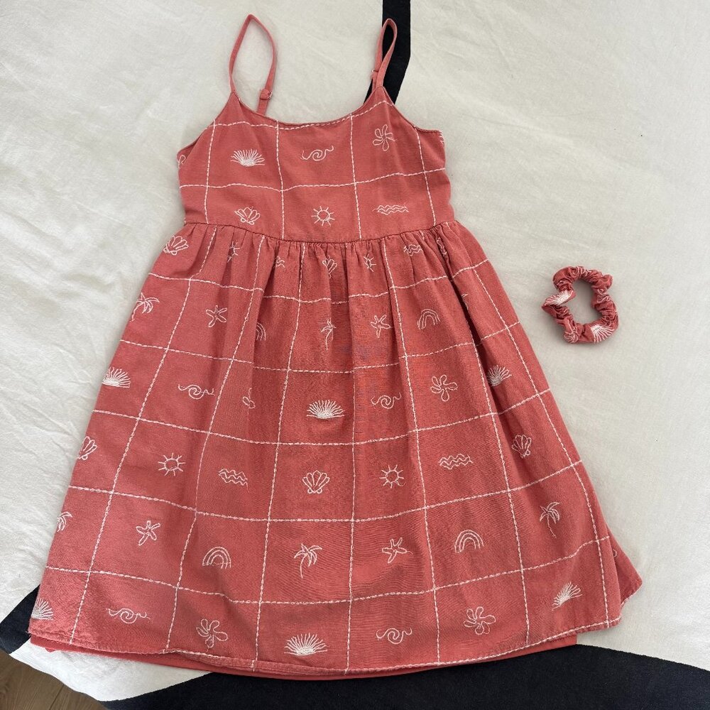 Girls Coral Summer Dress + Matching Scrunchie | Beachy Vacation Print Sz 12